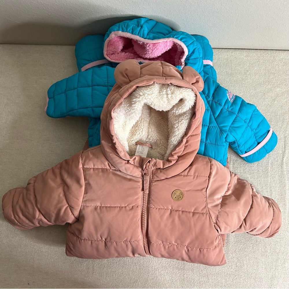 Bundle Snozu H&M Infant Baby Blue and Pink Snowsuit hooded Fleece Lining 3/6 M